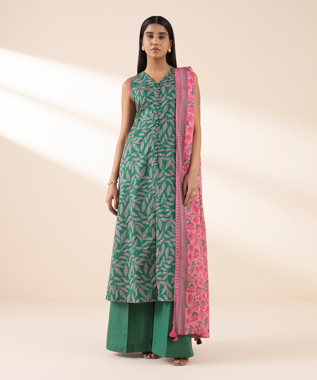 Women's Unstitched Lawn Printed Green 3 Piece Suit