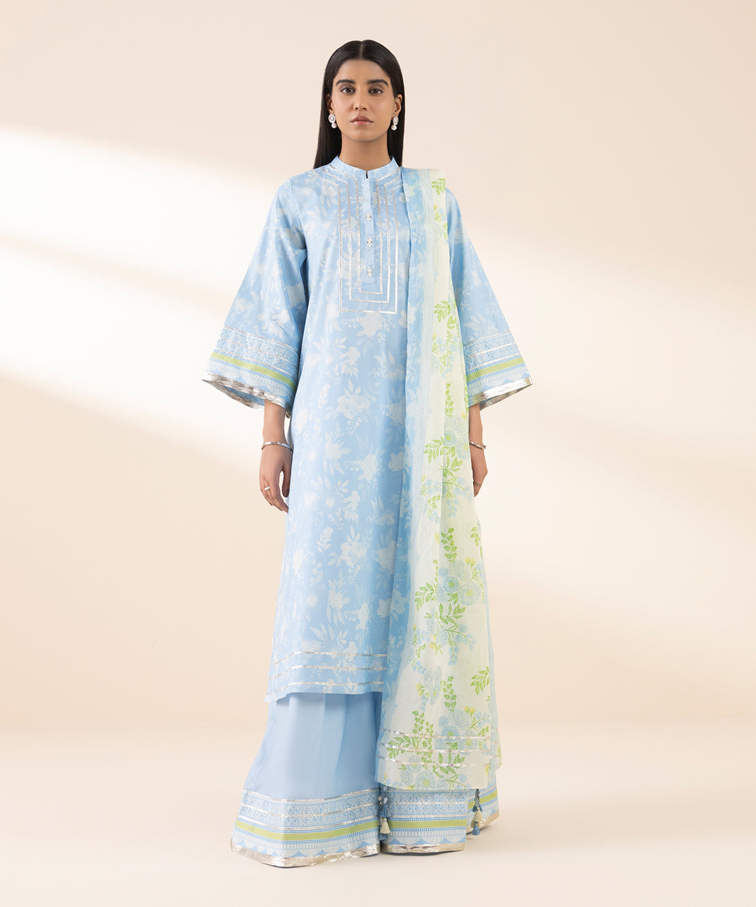 Women's Unstitched Lawn Printed Blue 3 Piece Suit