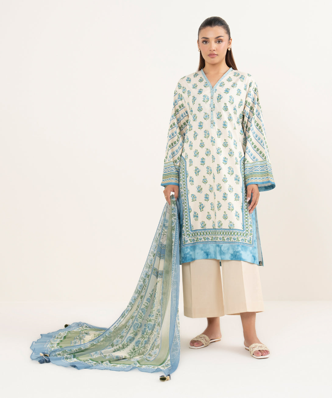 Women's Unstitched Cotton Printed Multi Three Piece Suit