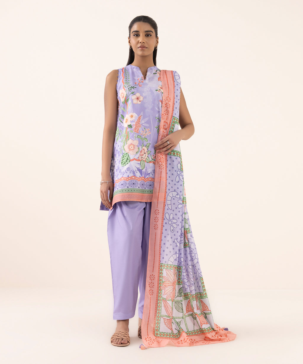 Women's Unstitched Lawn Printed Purple 3 Piece Suit