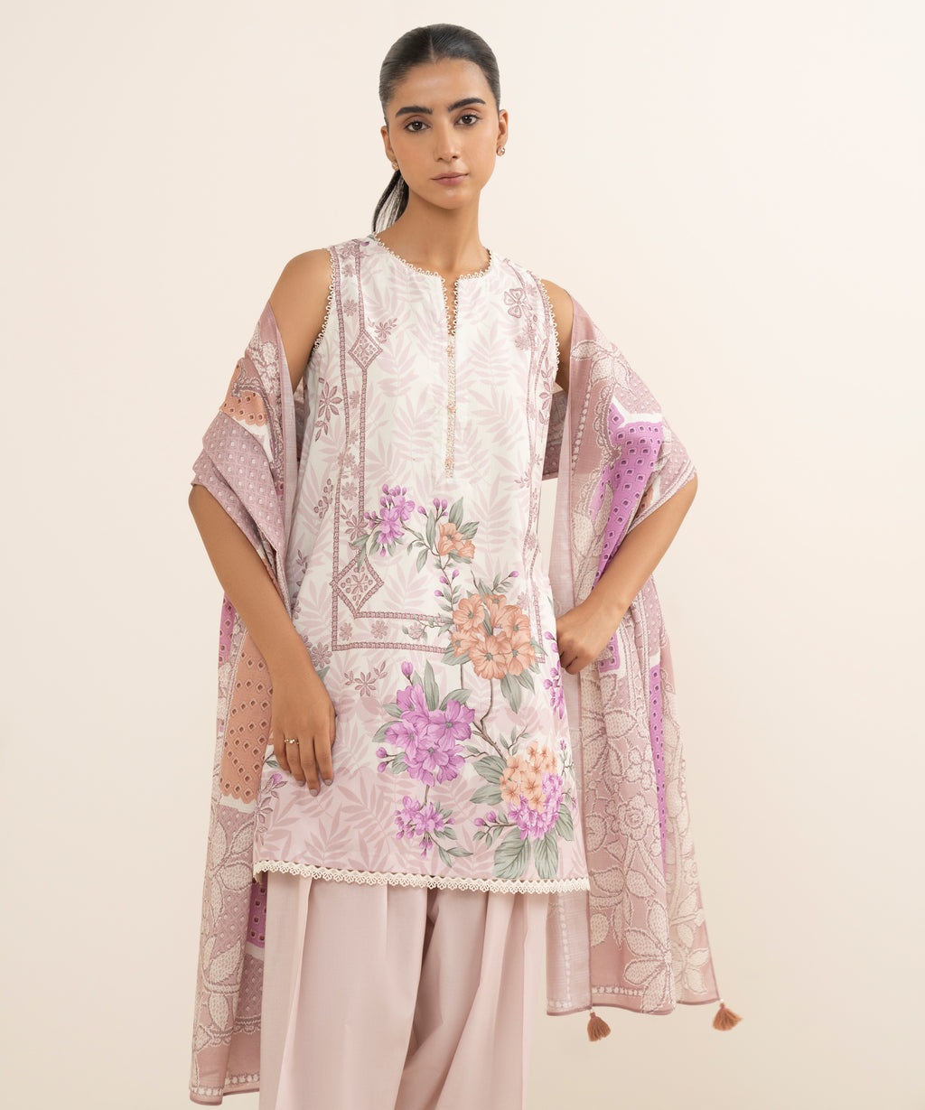 Women's Unstitched Lawn Printed Pink 3 Piece Suit