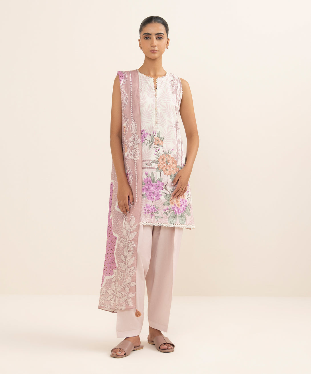 Women's Unstitched Lawn Printed Pink 3 Piece Suit