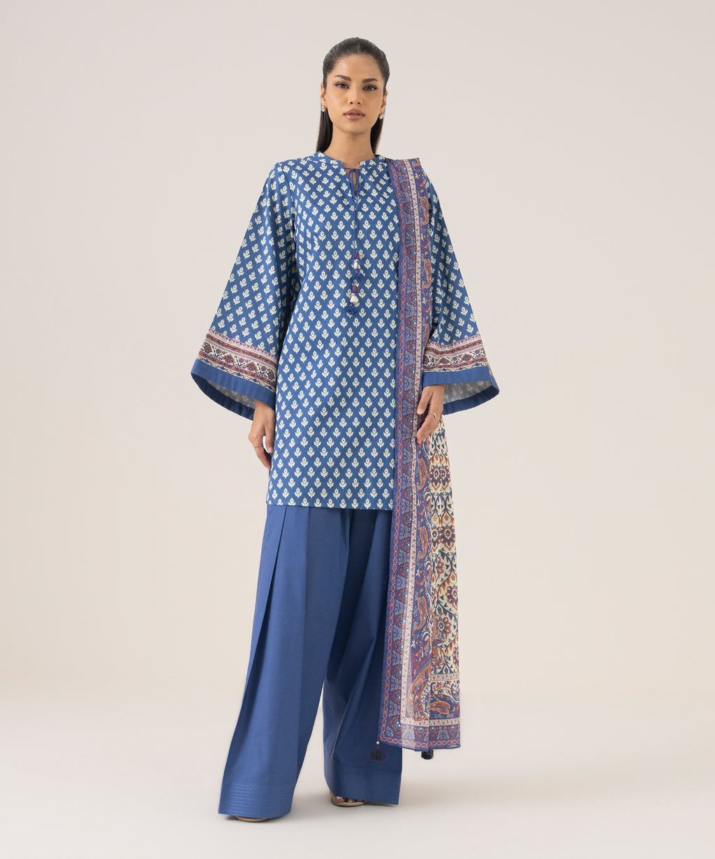 Women's Unstitched Cotton Printed Multi Three Piece Suit