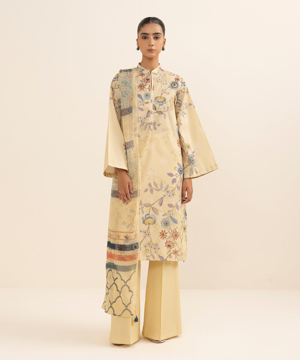 Women's Unstitched Lawn Printed Yellow 3 Piece Suit