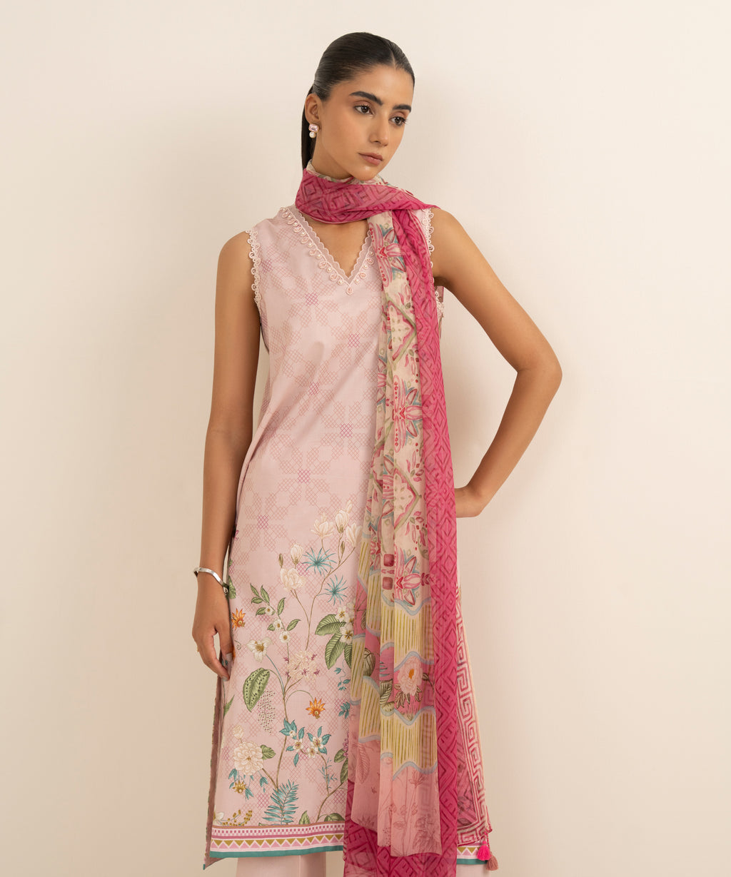 Women's Unstitched Lawn Printed Pink 3 Piece Suit