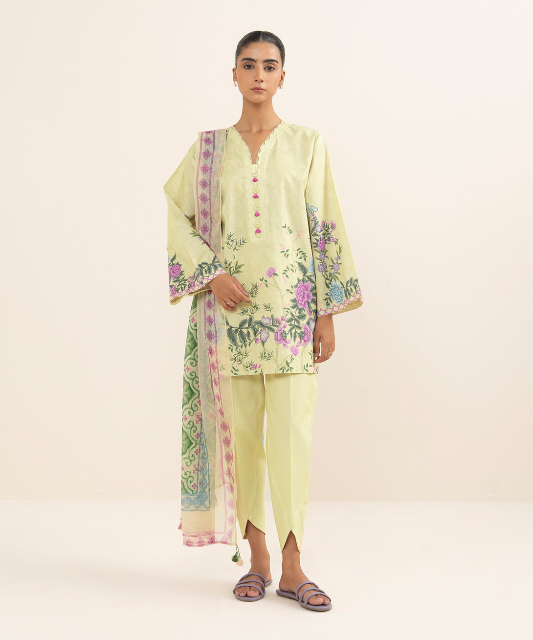 Women's Unstitched Lawn Printed Yellow 3 Piece Suit