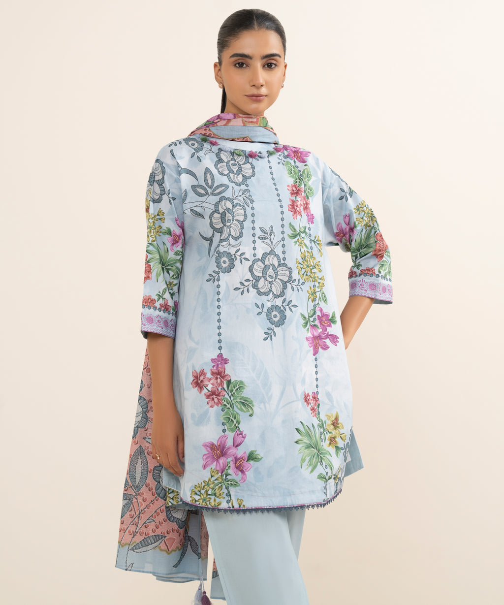Women's Unstitched Lawn Printed Blue 3 Piece Suit