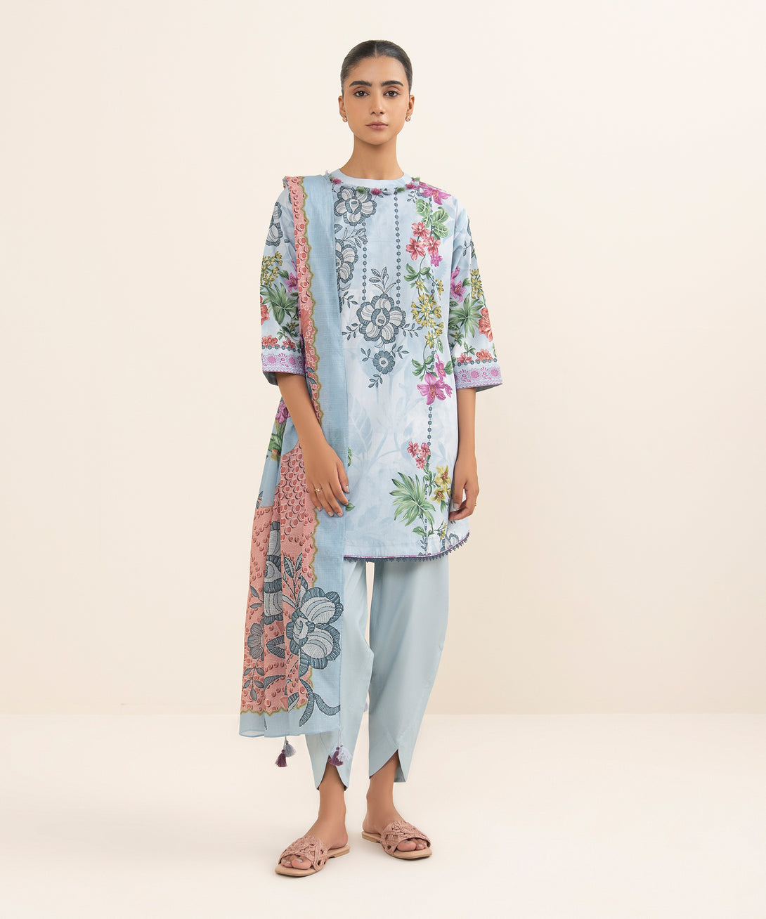 Women's Unstitched Lawn Printed Blue 3 Piece Suit