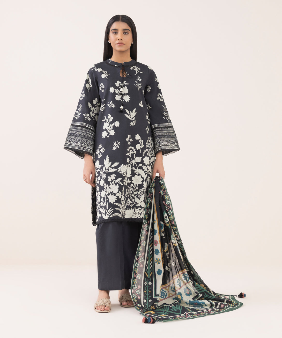 Women's Unstitched Cotton Printed Multi Three Piece Suit