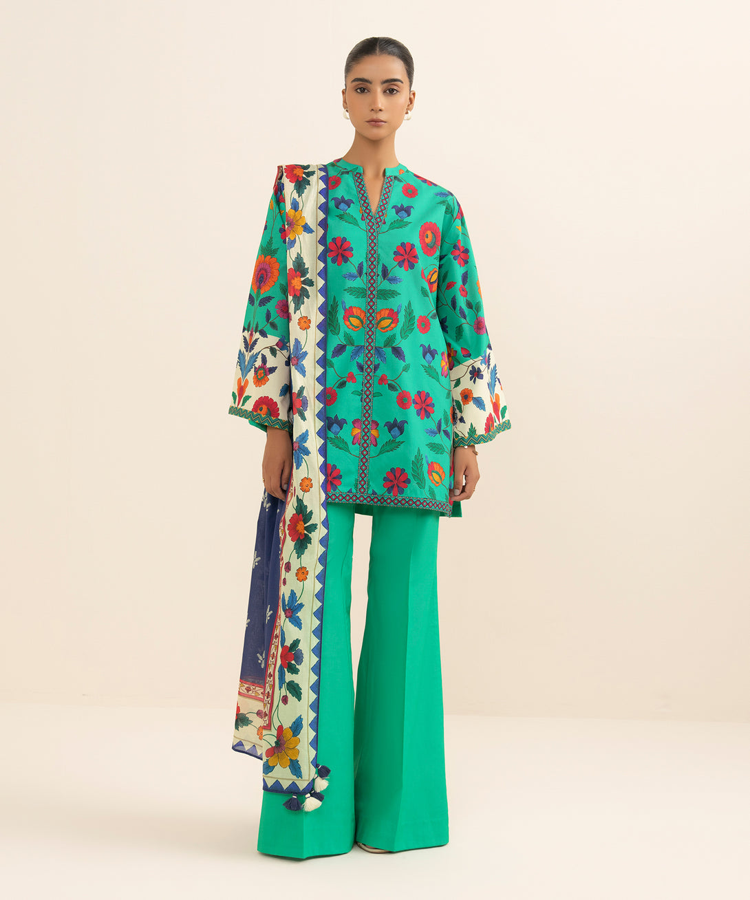Women's Unstitched Cotton Printed Green 3 Piece Suit