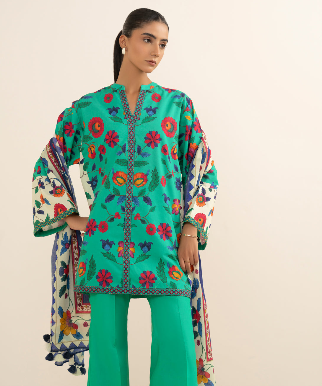 Women's Unstitched Cotton Printed Green 3 Piece Suit