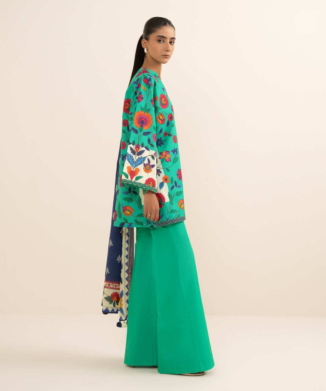 Women's Unstitched Cotton Printed Green 3 Piece Suit