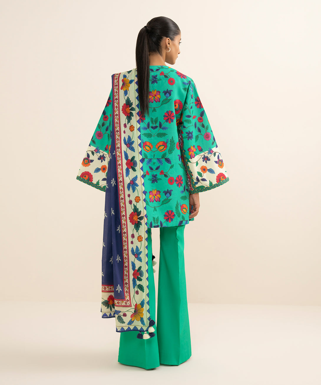 Women's Unstitched Cotton Printed Green 3 Piece Suit