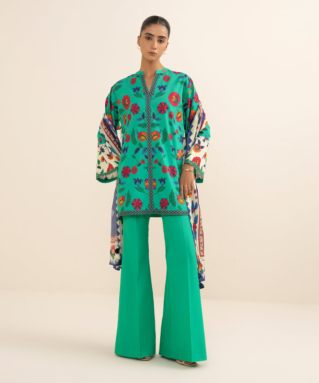 Women's Unstitched Cotton Printed Green 3 Piece Suit
