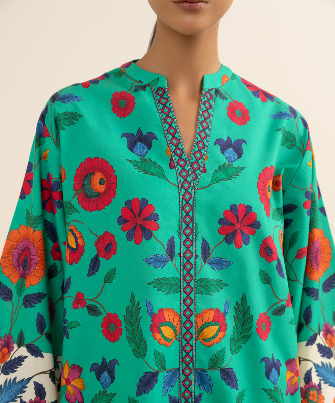 Women's Unstitched Cotton Printed Green 3 Piece Suit