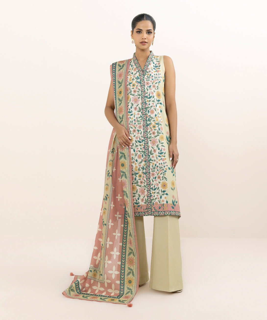 Women's Unstitched Cotton Printed Multi Three Piece Suit