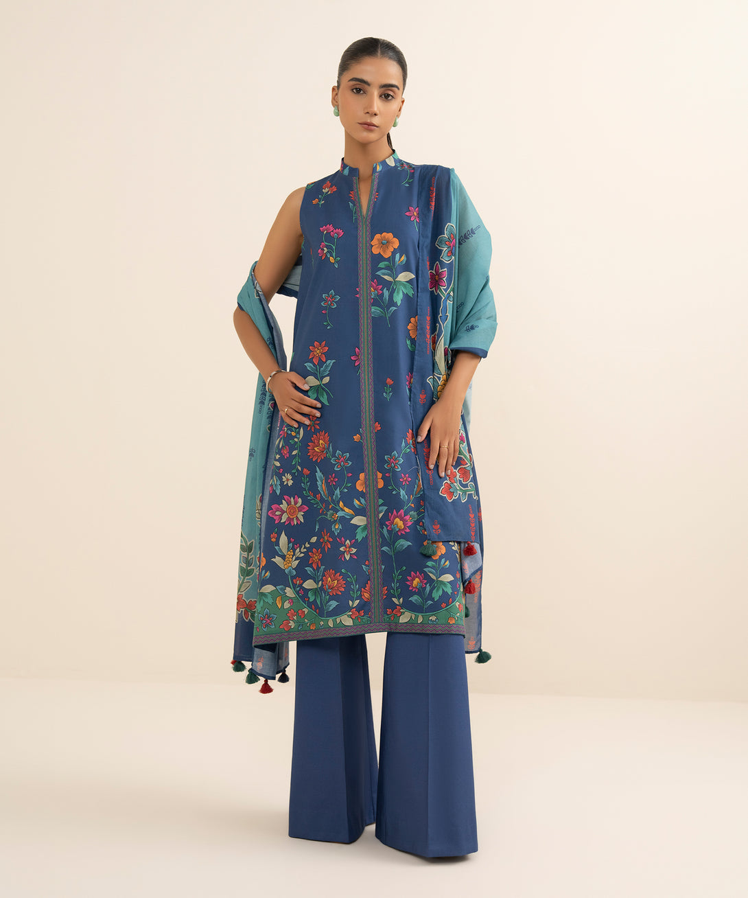 Women's Unstitched Cotton Printed Blue 3 Piece Suit