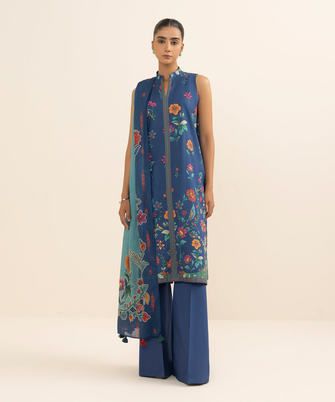 Women's Unstitched Cotton Printed Blue 3 Piece Suit