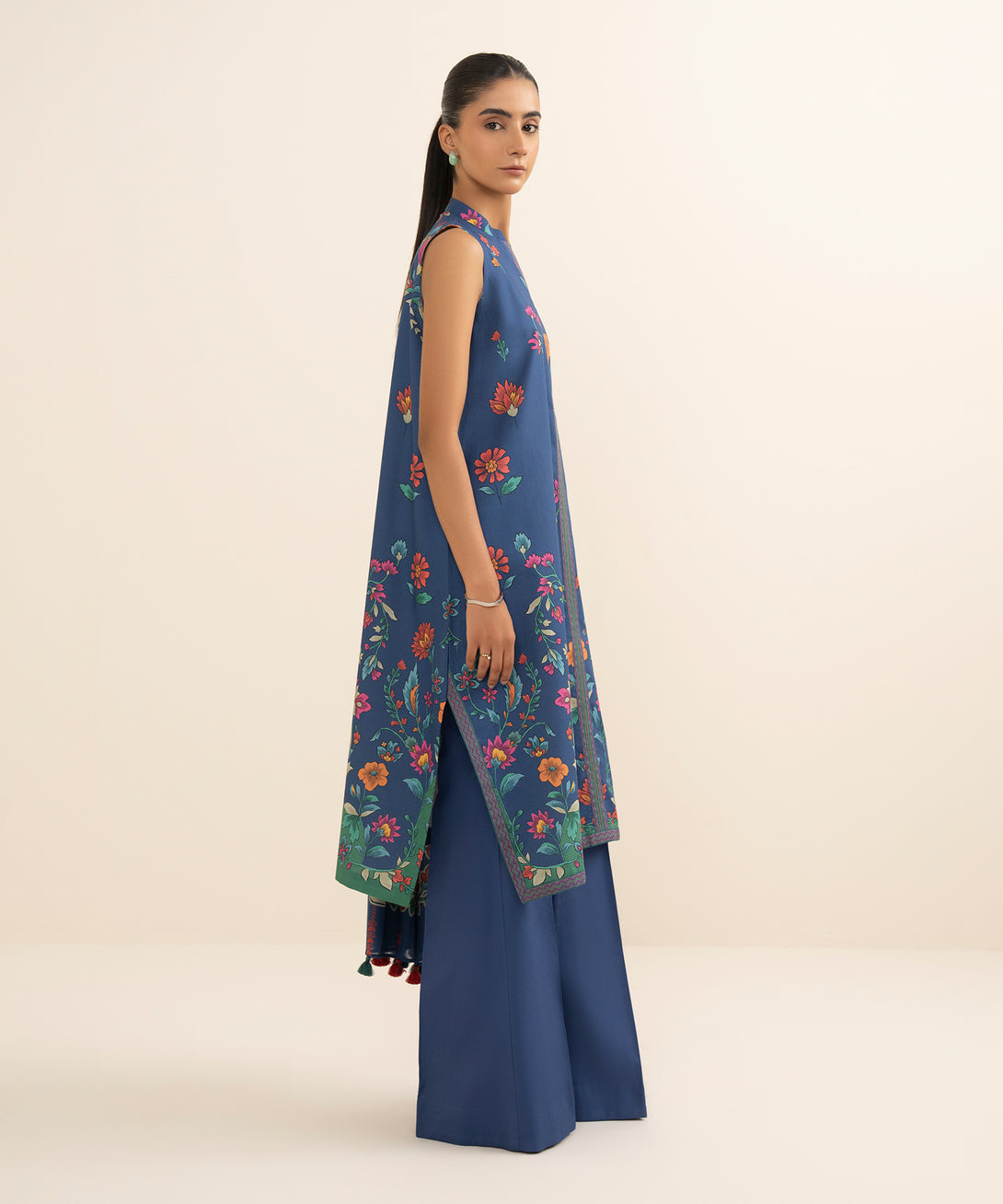 Women's Unstitched Cotton Printed Blue 3 Piece Suit