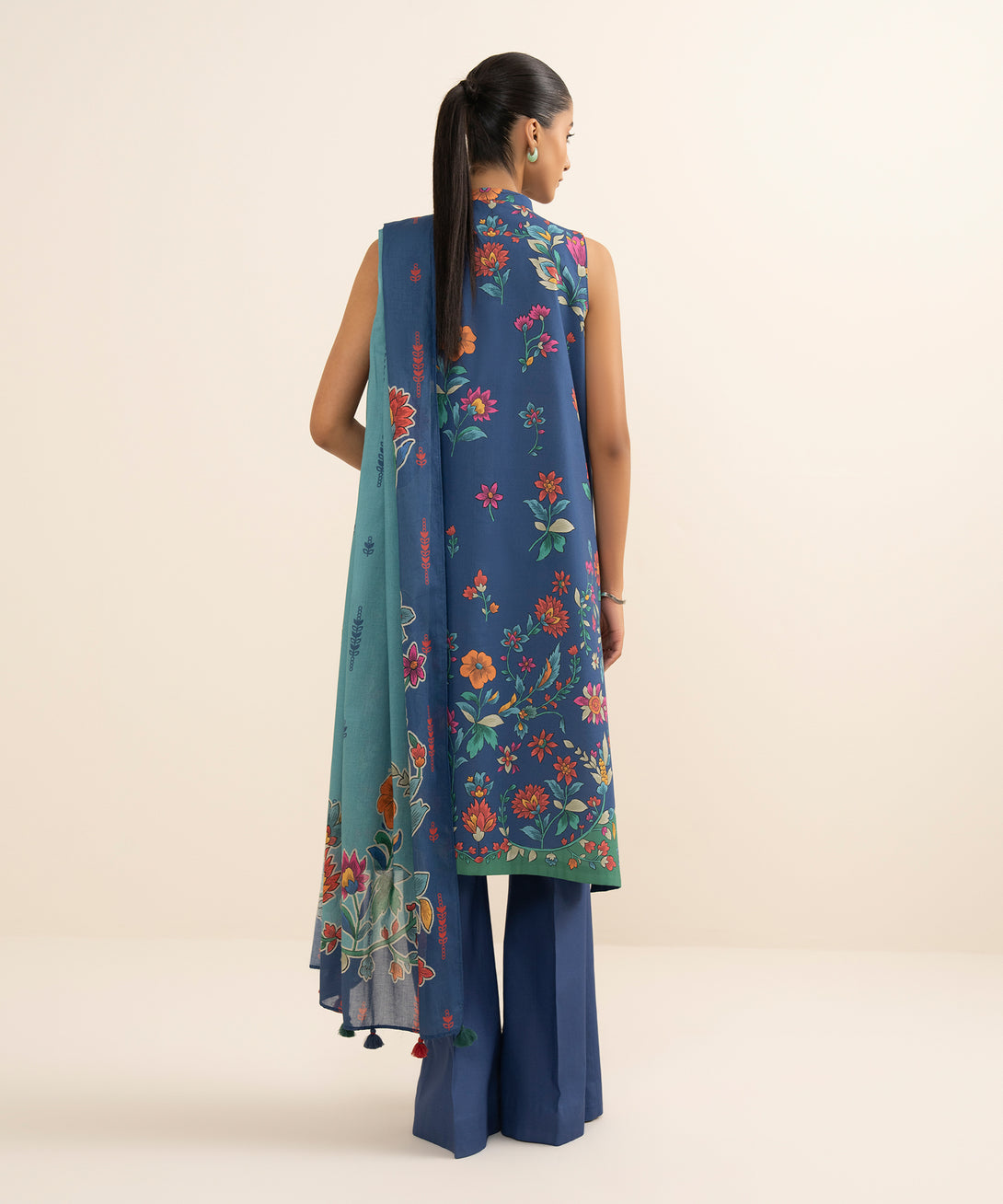 Women's Unstitched Cotton Printed Blue 3 Piece Suit