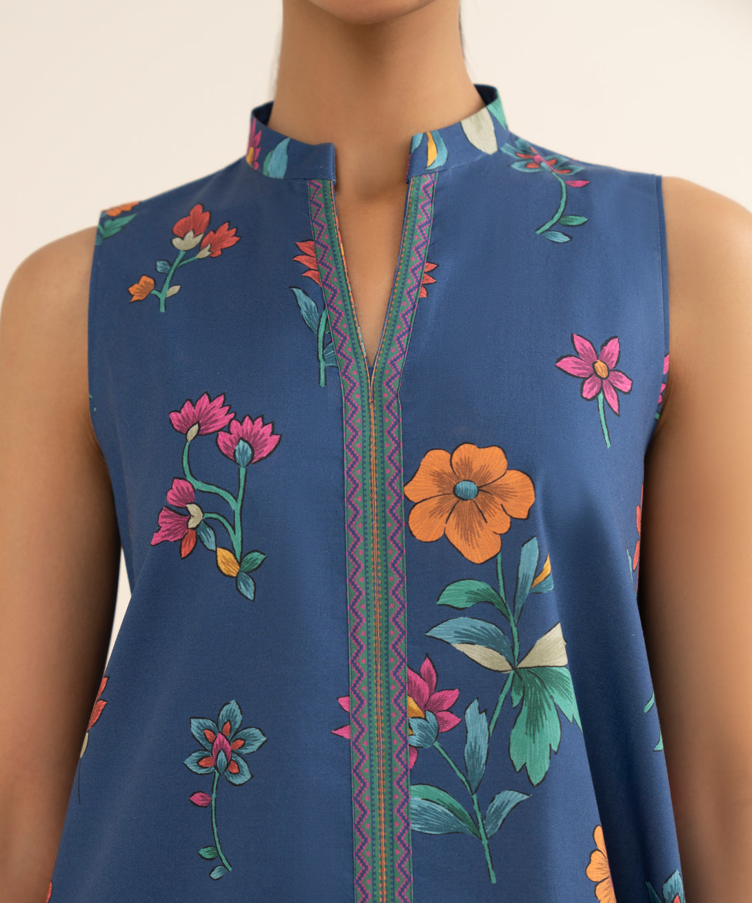 Women's Unstitched Cotton Printed Blue 3 Piece Suit