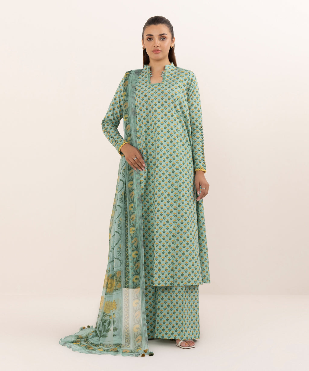 Women's Unstitched Cotton Printed Aqua Three Piece Suit