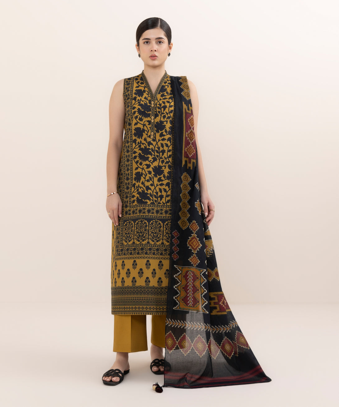 Women's Unstitched Cotton Printed Multi Three Piece Suit