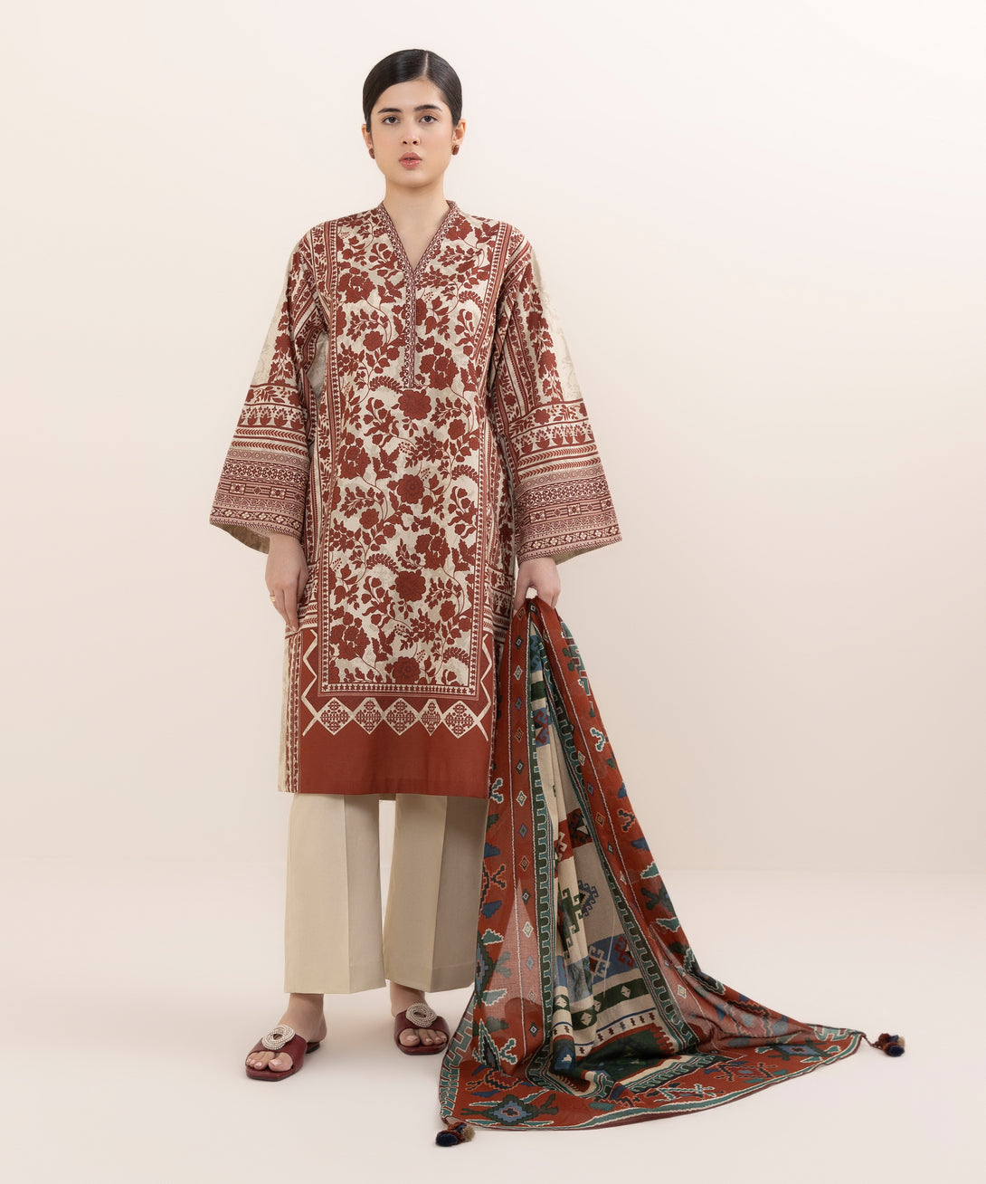 Women's Unstitched Cotton Printed Multi Three Piece Suit