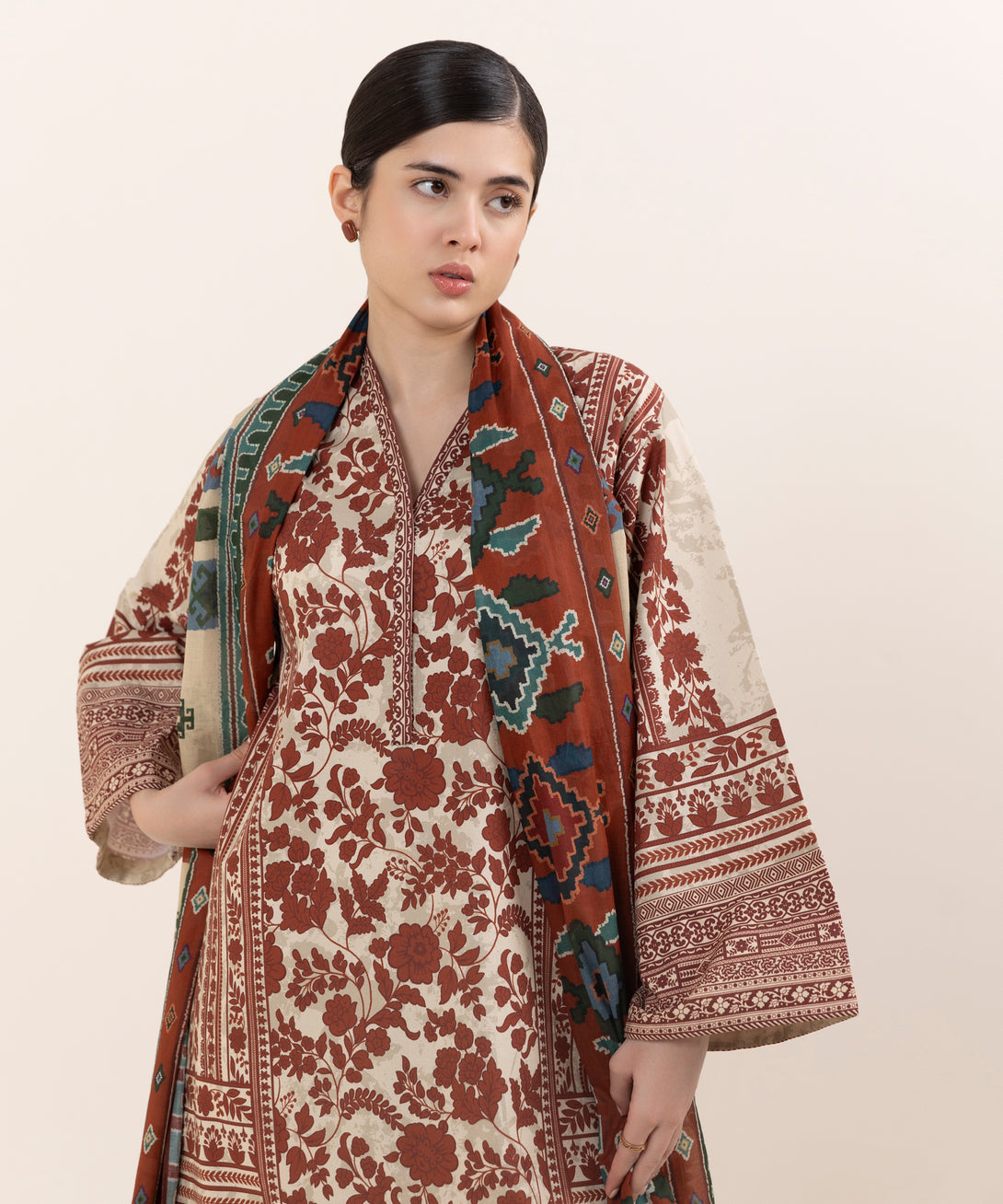 Women's Unstitched Cotton Printed Multi Three Piece Suit