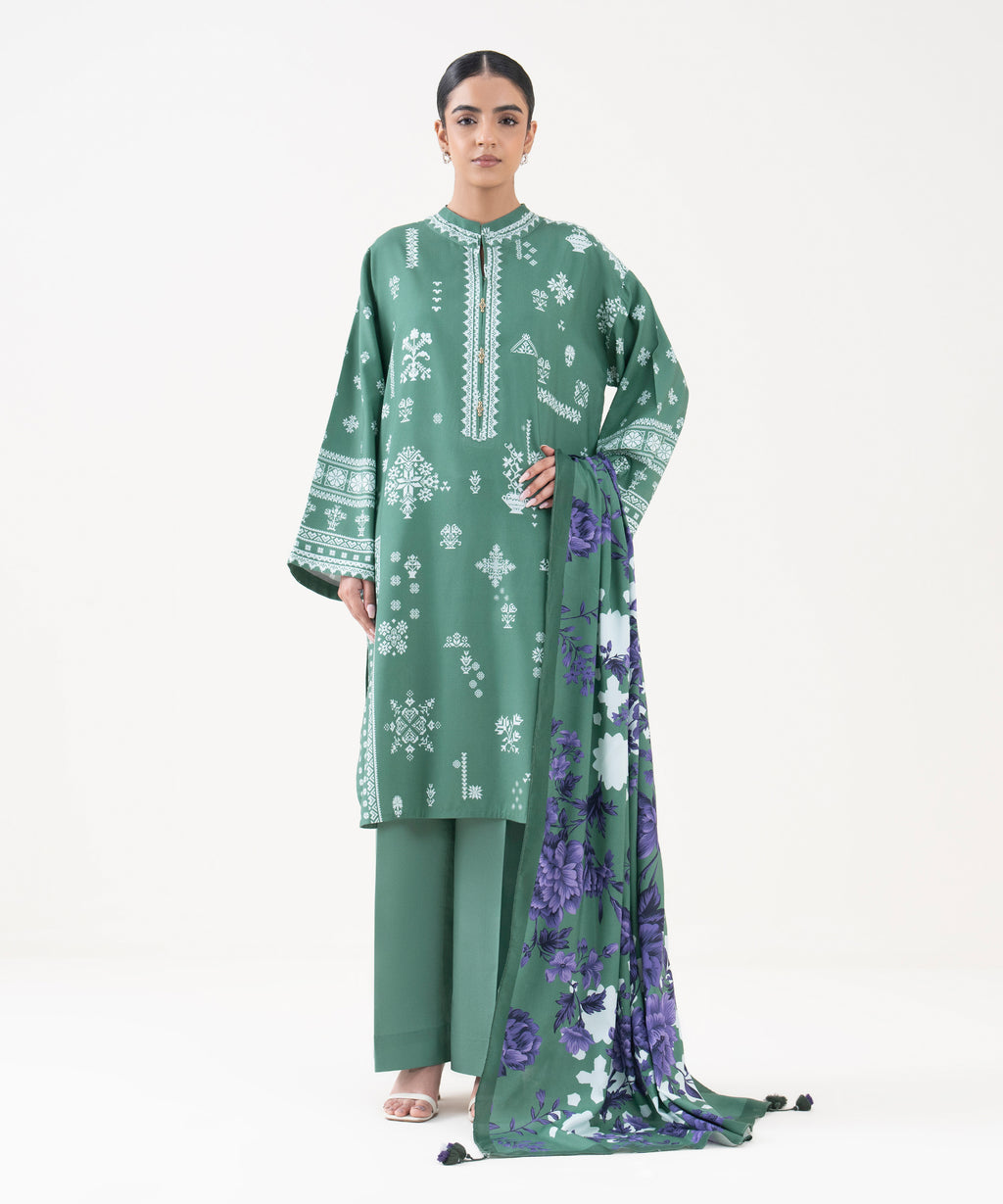 Women's Unstitched Linen Printed Green 3 Piece Suit