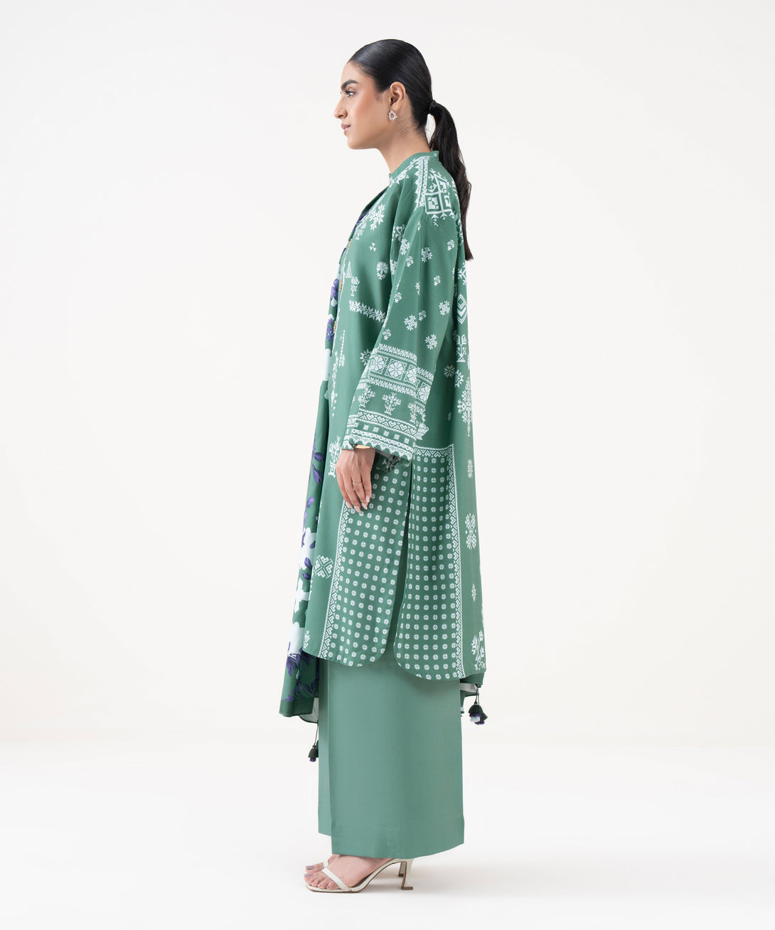 Women's Unstitched Linen Printed Green 3 Piece Suit