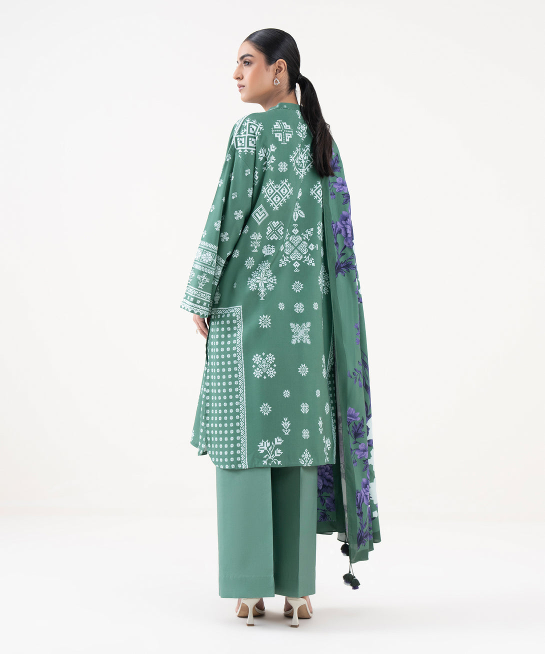 Women's Unstitched Linen Printed Green 3 Piece Suit