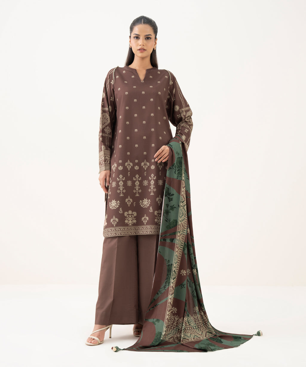 Women's Unstitched Linen Printed Brown 3 Piece Suit