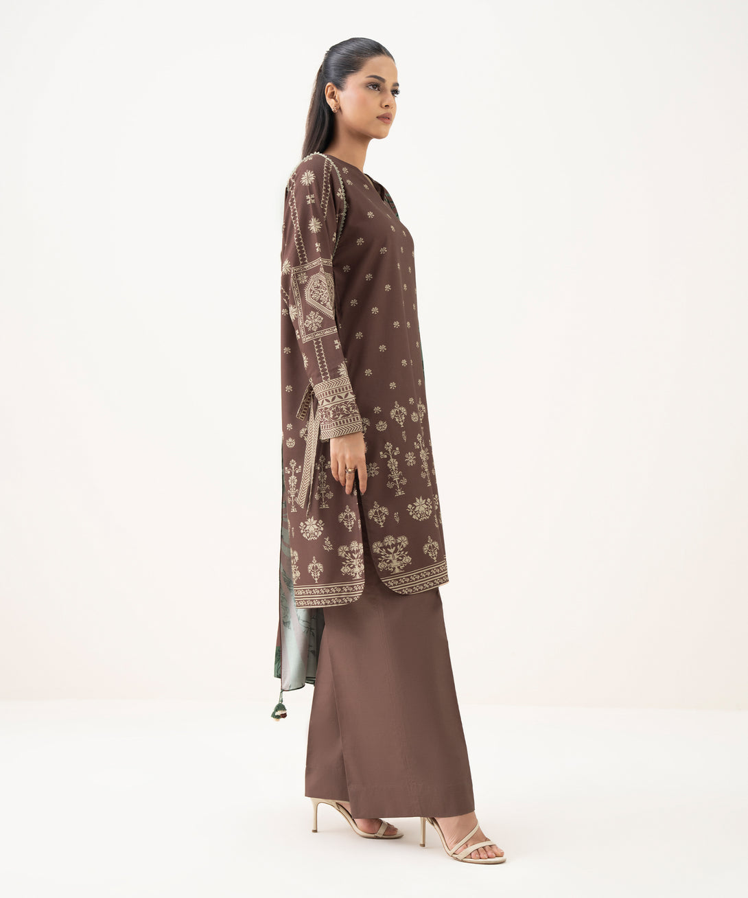 Women's Unstitched Linen Printed Brown 3 Piece Suit