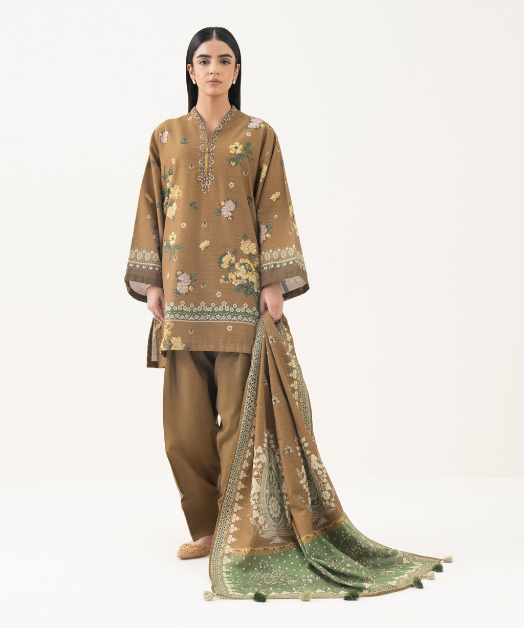 3 Piece - Printed Light Khaddar  Suit