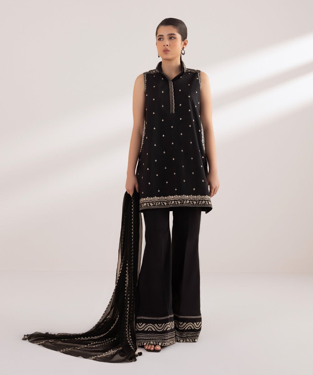 Women's Unstitched Lawn Black Embroidered 3 Piece Suit