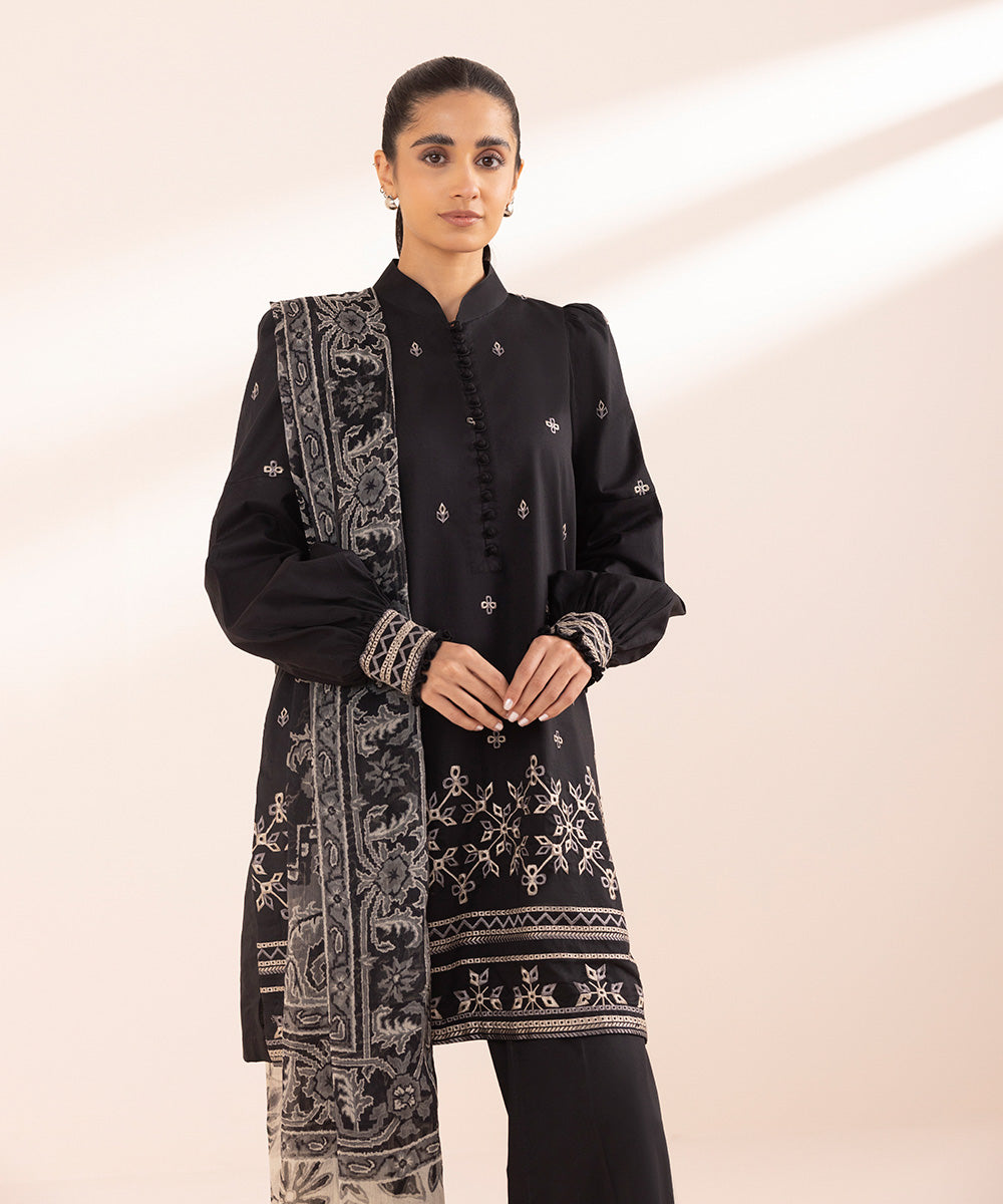 Women's Unstitched Lawn Black Embroidered 3 Piece Suit