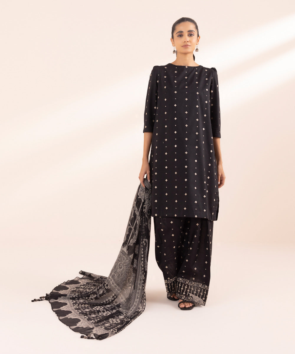 Women's Unstitched Lawn Black Embroidered 3 Piece Suit