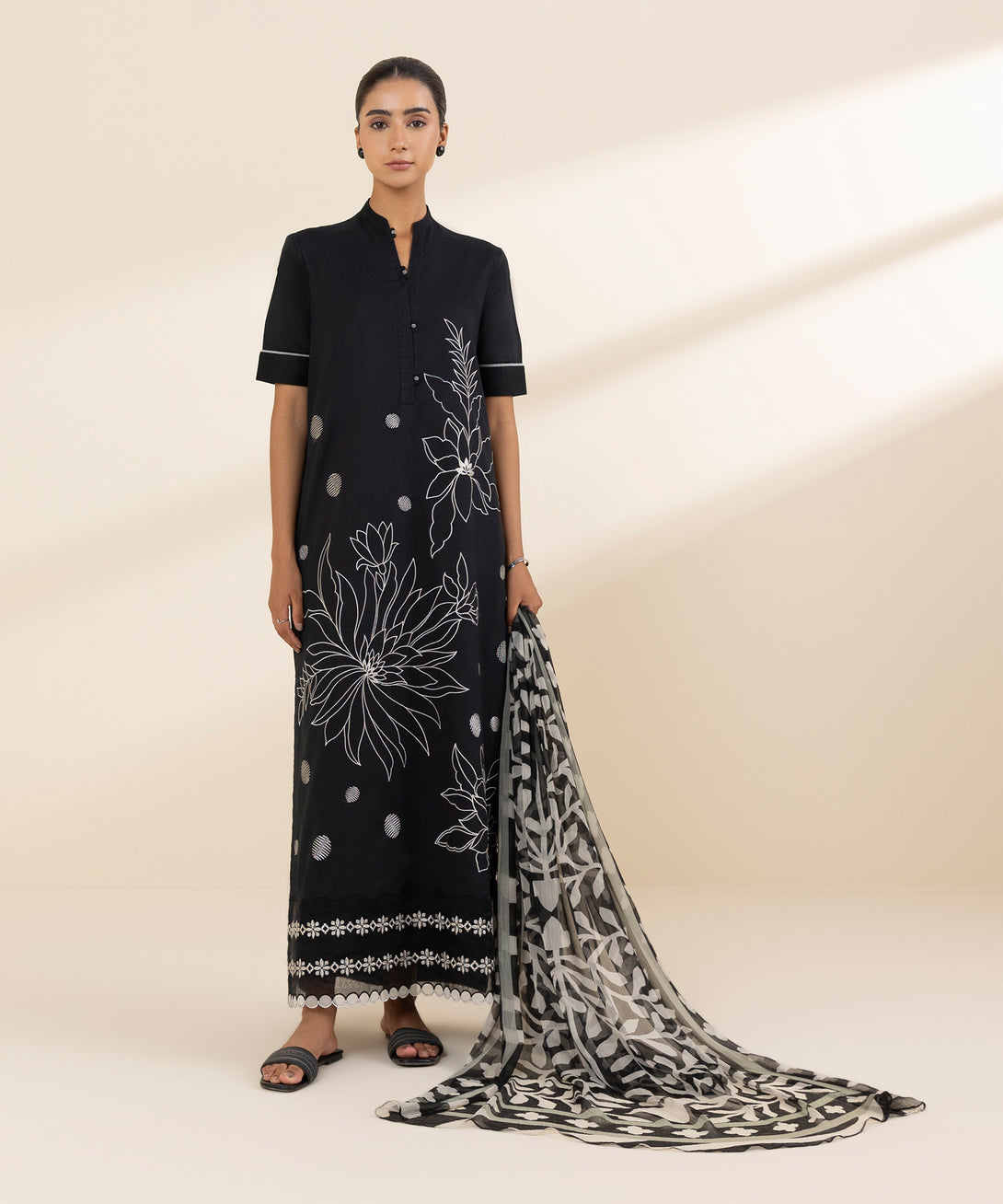 Women's Unstitched Lawn Embroidered Black 3 Piece Suit