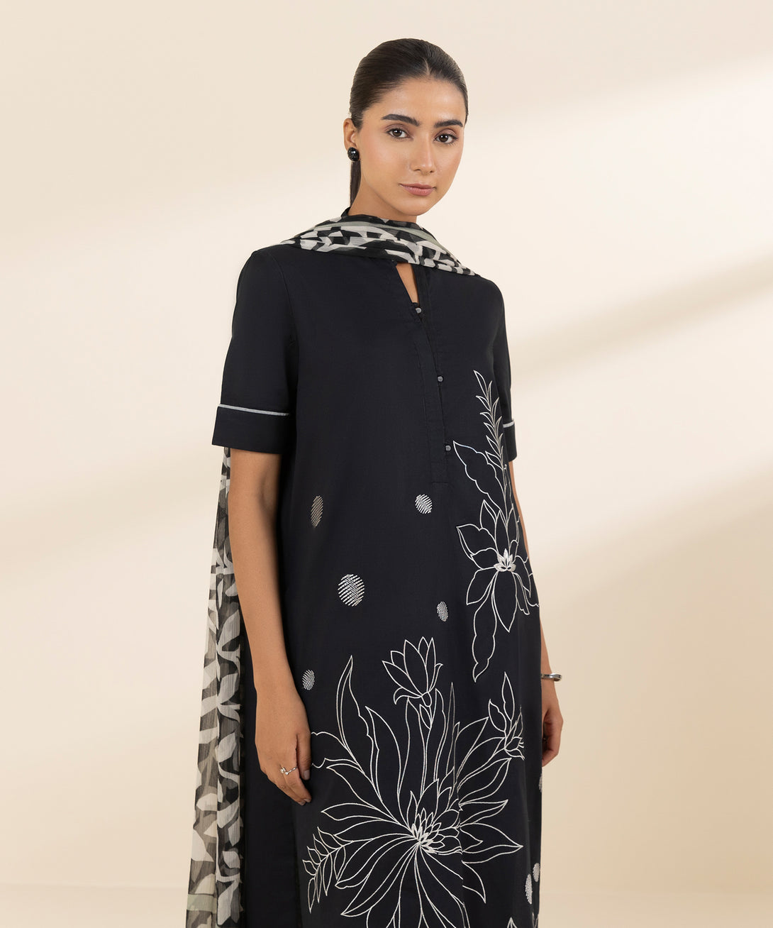 Women's Unstitched Lawn Embroidered Black 3 Piece Suit