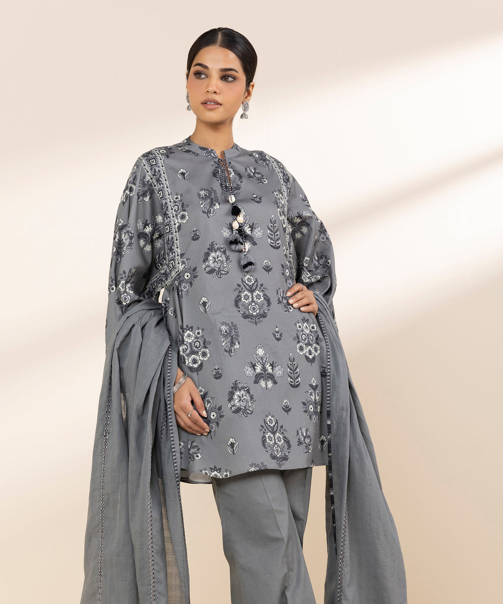 Women's Unstitched Lawn Embroidered Grey 3 Piece Suit