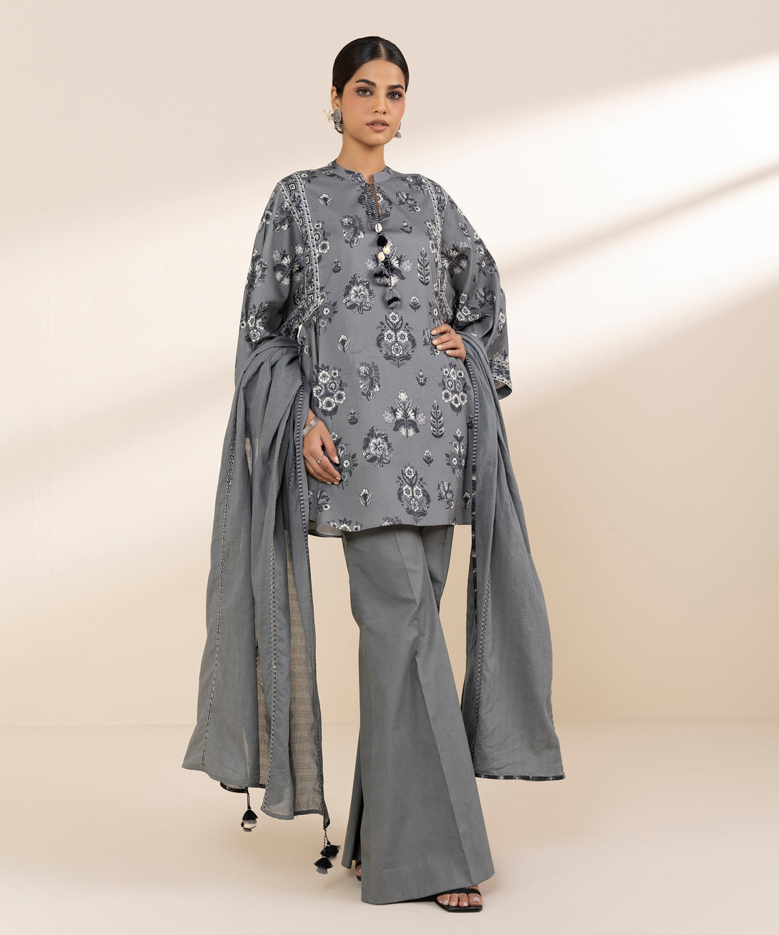 Women's Unstitched Lawn Embroidered Grey 3 Piece Suit