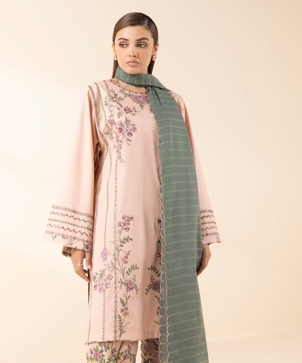 Women's Unstitched Lawn Embroidered Pink 3 Piece Suit