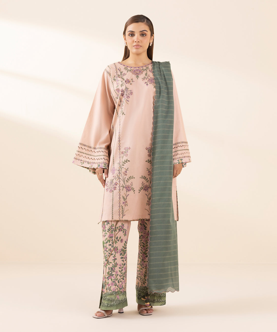 Women's Unstitched Lawn Embroidered Pink 3 Piece Suit