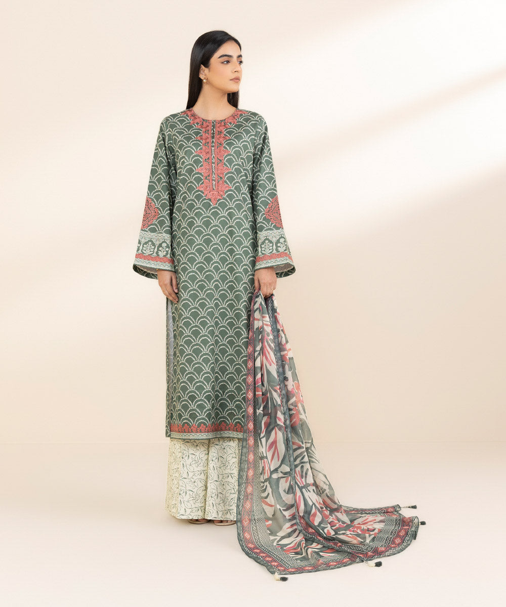 Women's Unstitched Green Lawn 3 Piece Suit 