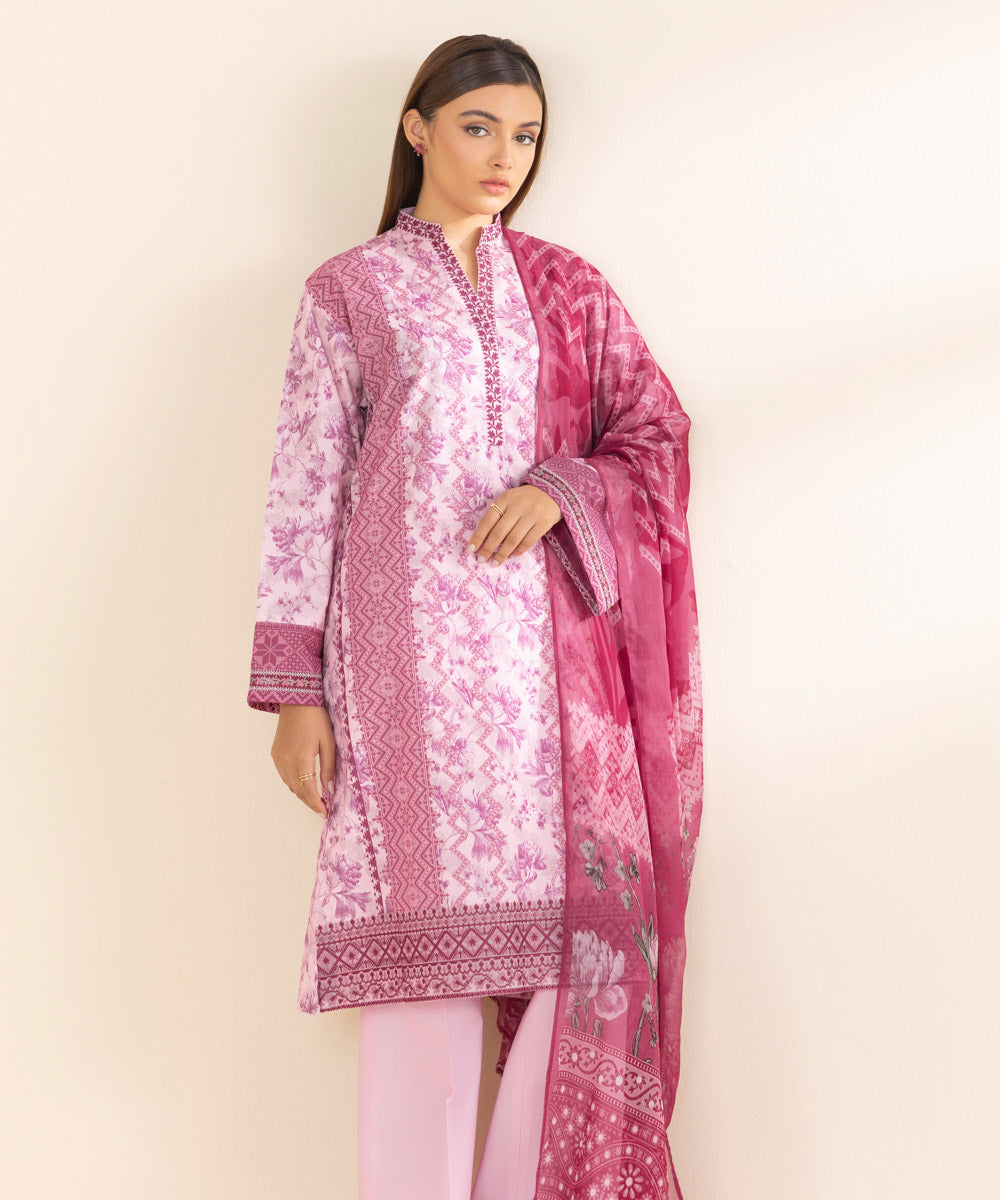 Women's Unstitched Pink Lawn 3 Piece Suit 