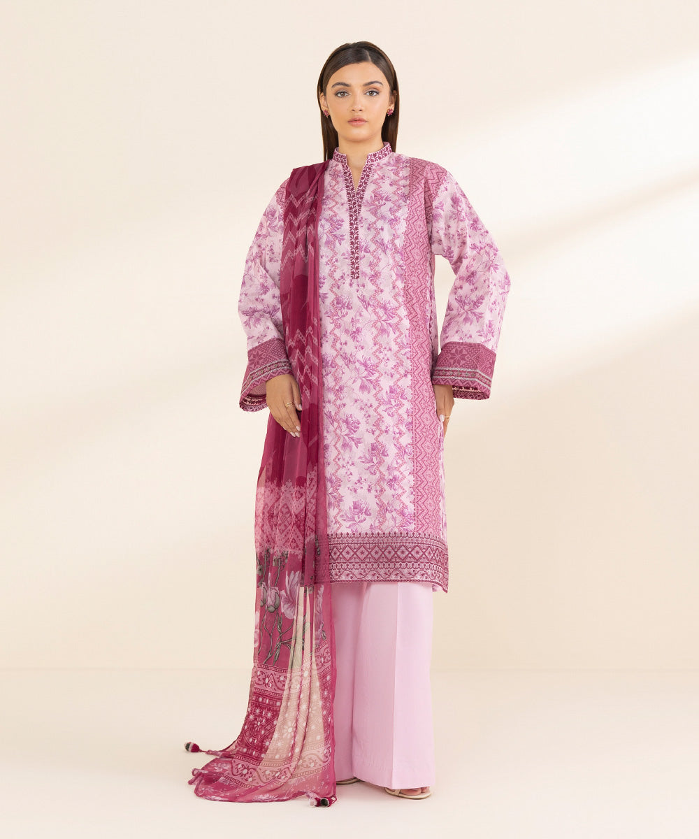 Women's Unstitched Pink Lawn 3 Piece Suit 