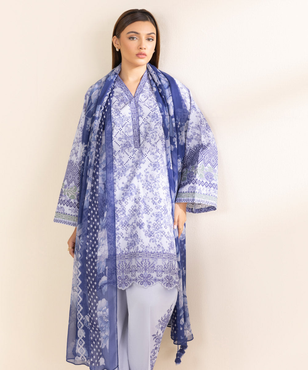 Women's Unstitched Blue Lawn 3 Piece Suit 