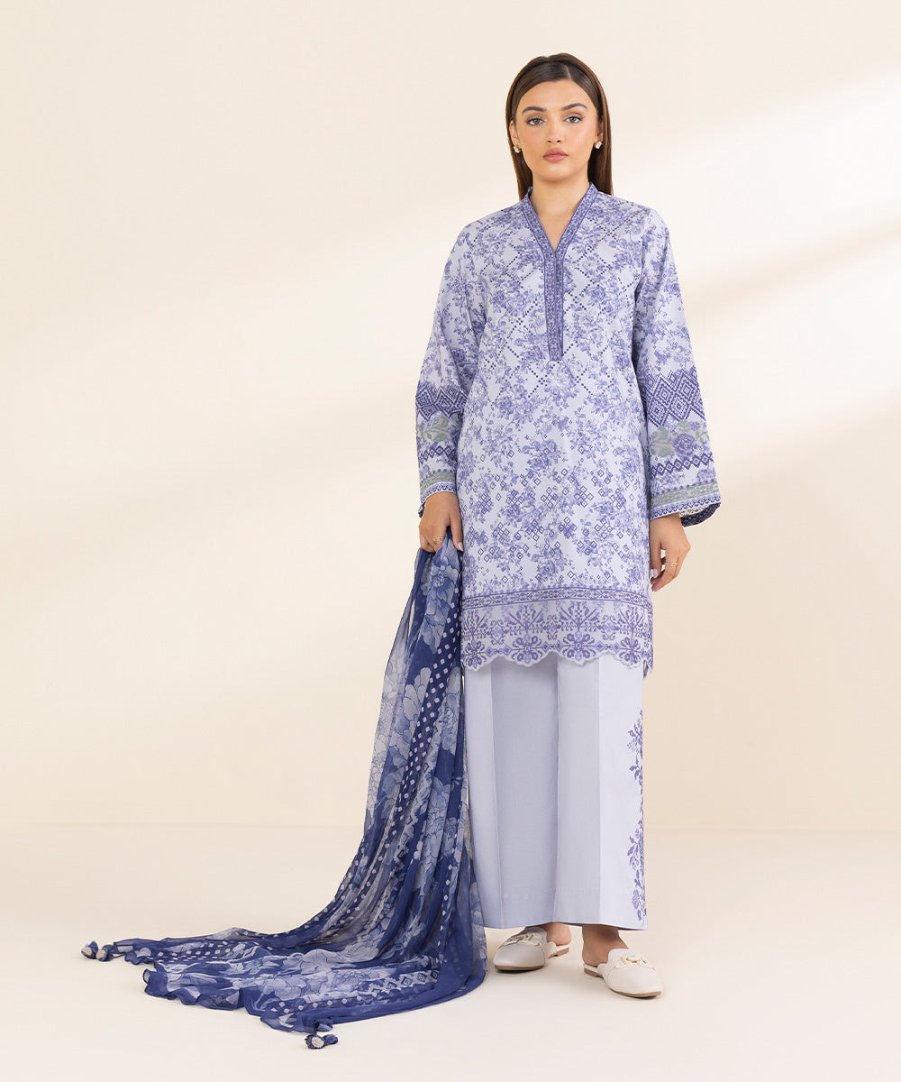 Women's Unstitched Blue Lawn 3 Piece Suit 