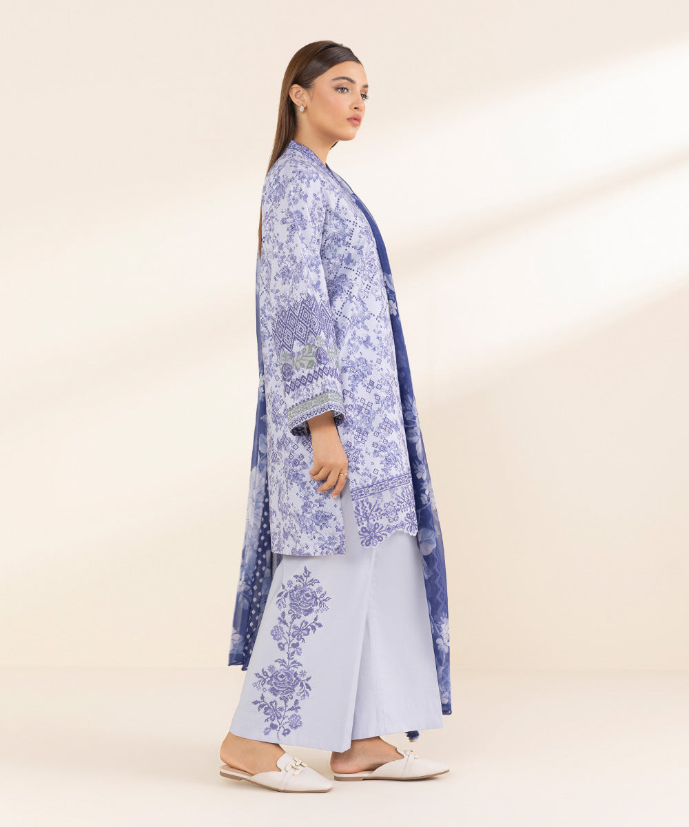 Women's Unstitched Blue Lawn 3 Piece Suit 